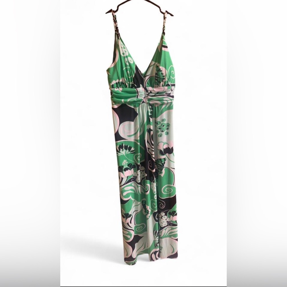NWT Abstract Floral V-Neck Maxi Dress Green Black Size 8
